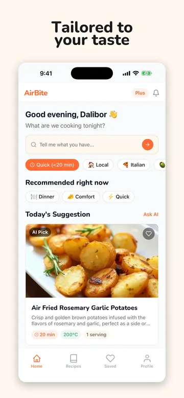 Personalized home screen with recipe suggestions